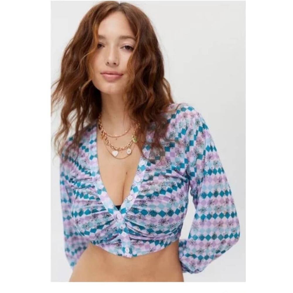 Urban Outfitters Y2K Mesh Cropped Ruched Button Up Top Womens Medium Purple Blue